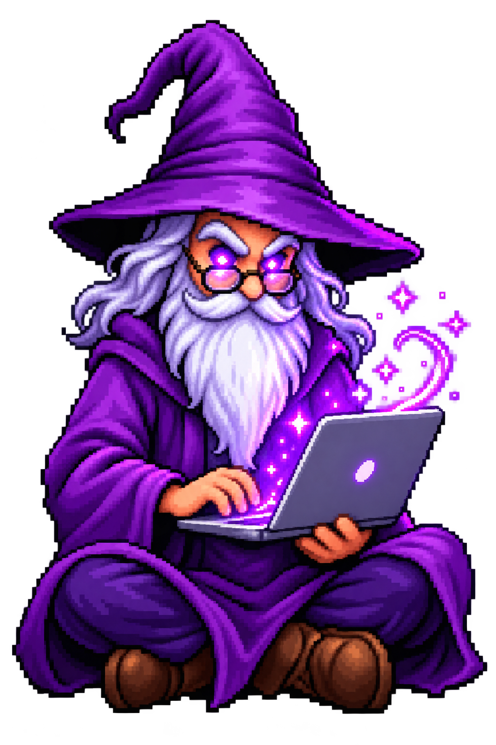 O mago da Tecnologia da Informação, sentado com o notebook, olhos e brilho em magenta