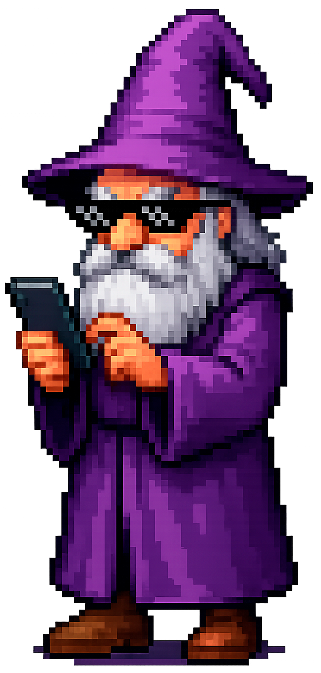 O mago mobile, de óculos escuros pixelados, com um smartphone na mão